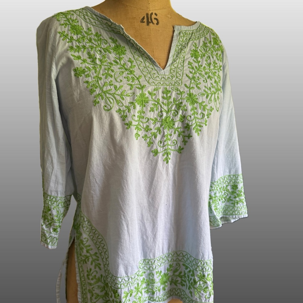 Gretchen Scott Designs White and Green Embellished Tunic
